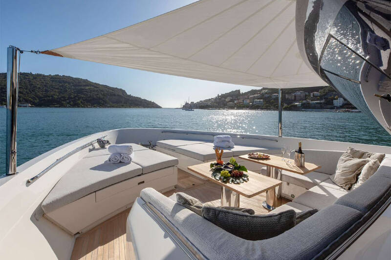 Lounge area on bow with sunshade
