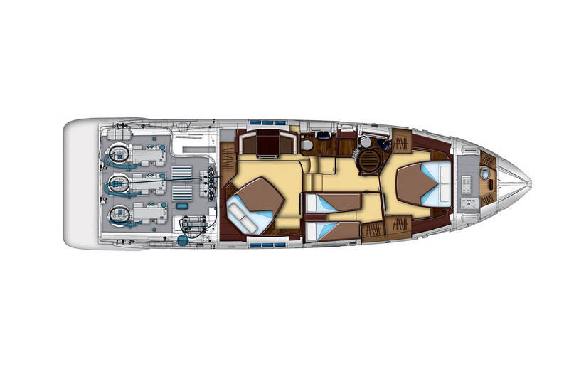 Нижня палуба (показано розташування двигунів) Azimut 55S